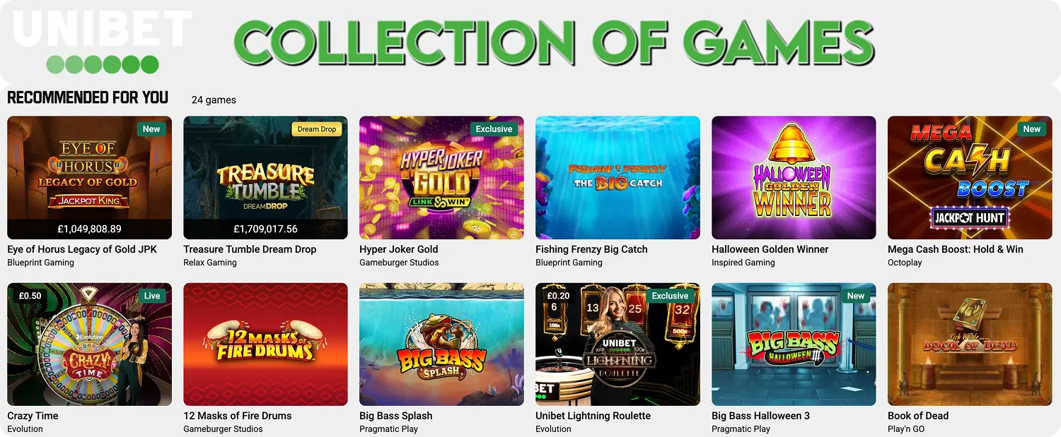 collection of games: Unibet blackjack, slots, roulette, and baccarat